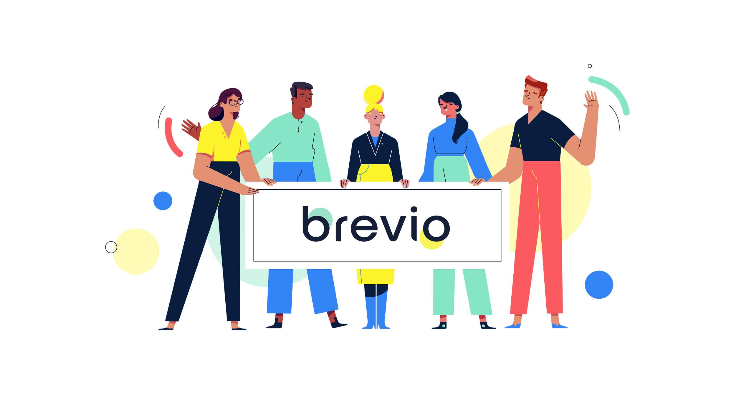 Illustrated characters holding a sign with the Brevio logo