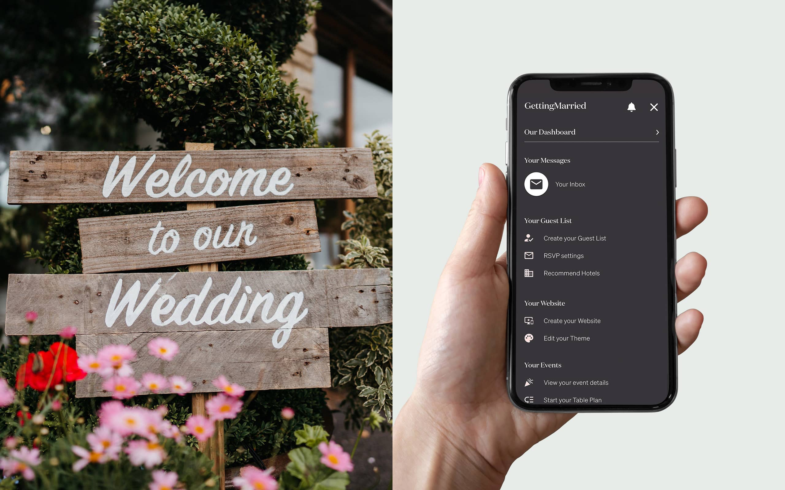 A wedding welcome sign coupled with a screen shot of the GettingMarried app on an iPhone
