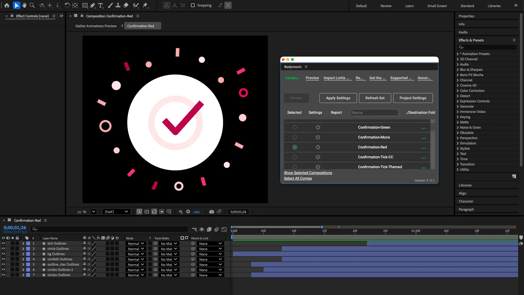 Screenshot of After Effects with Bodymovin plugin active.