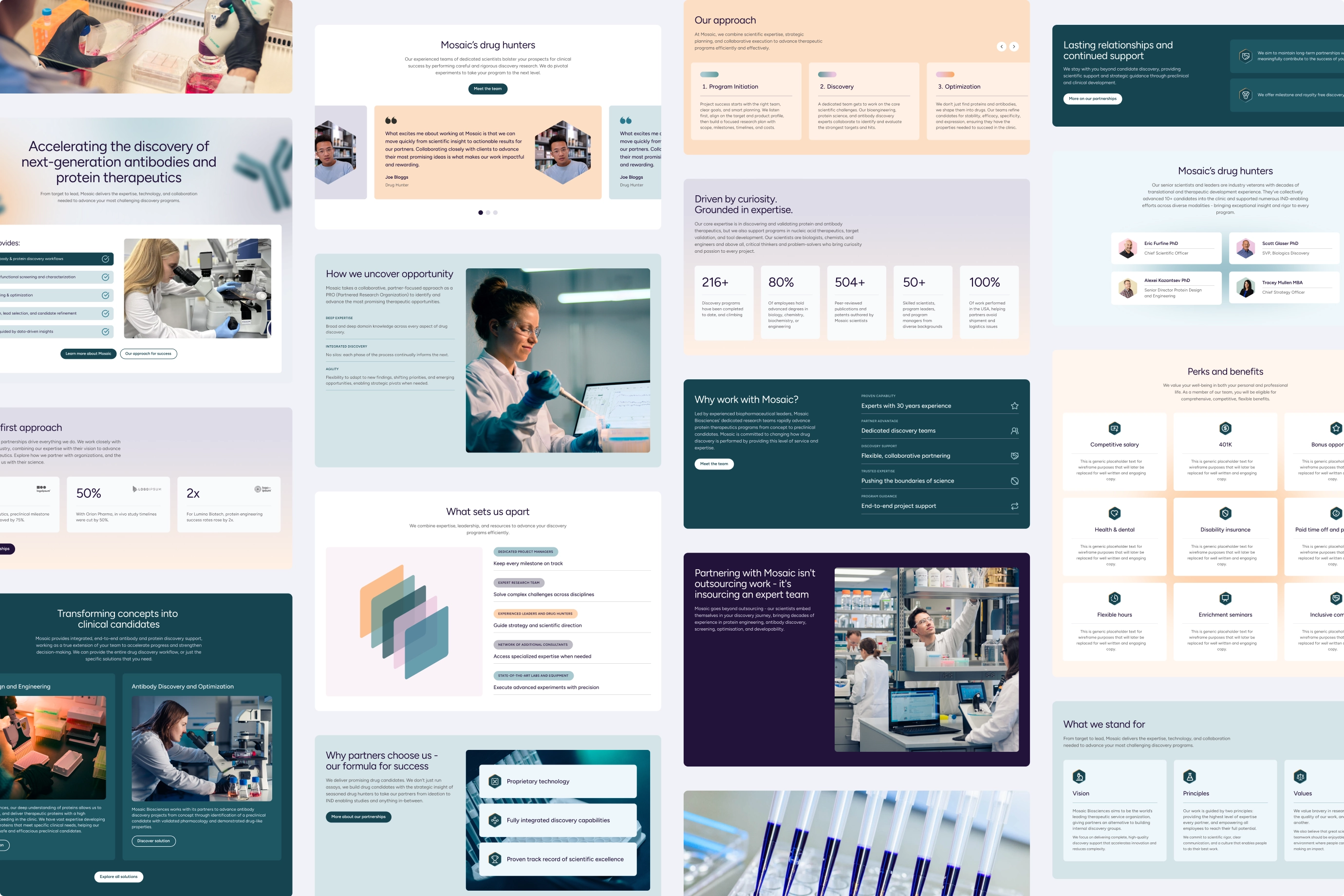 Multiple frames showing content from Mosaic's website.
